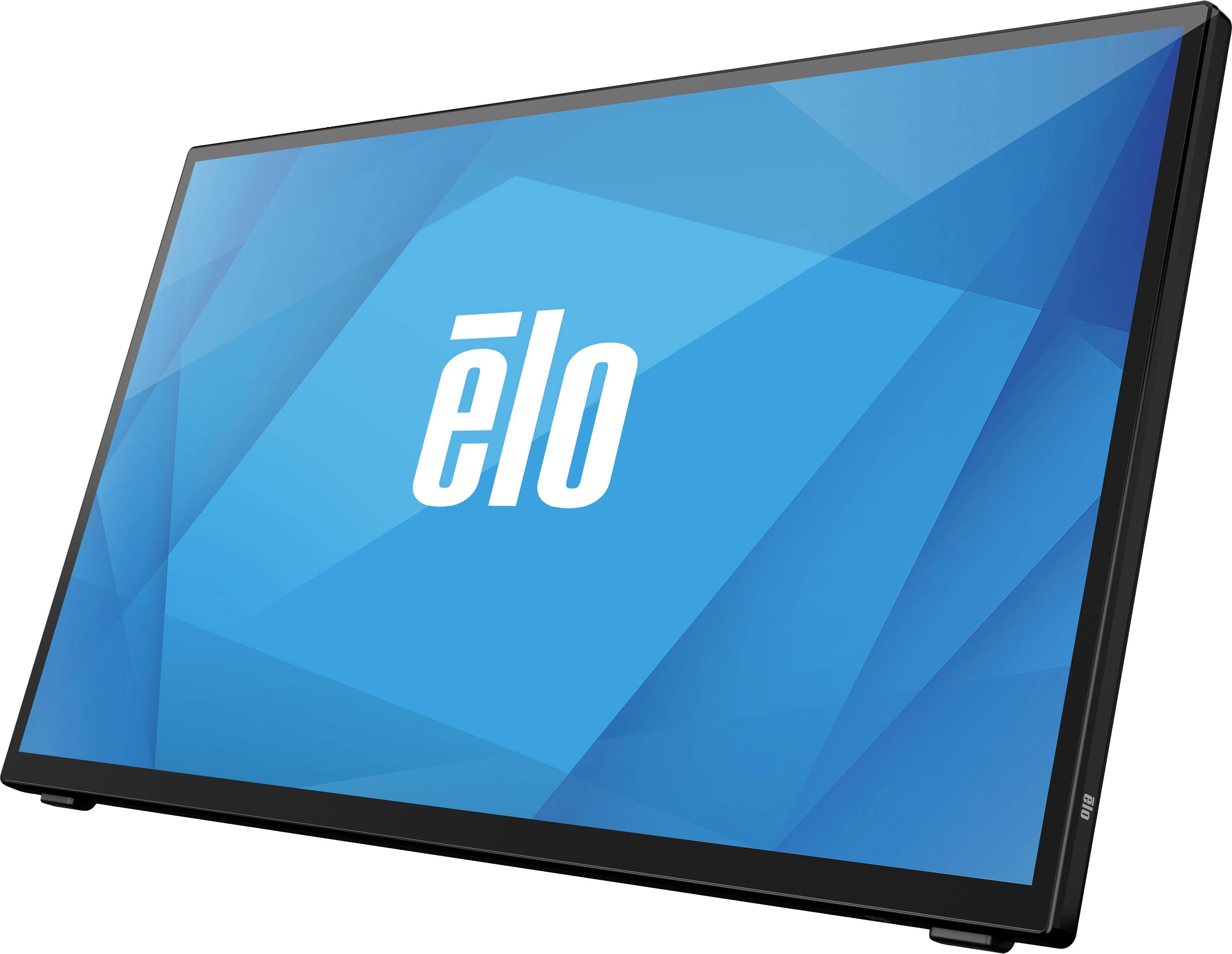 A black monitor with a blue screen displays the 'elo' logo in white text.