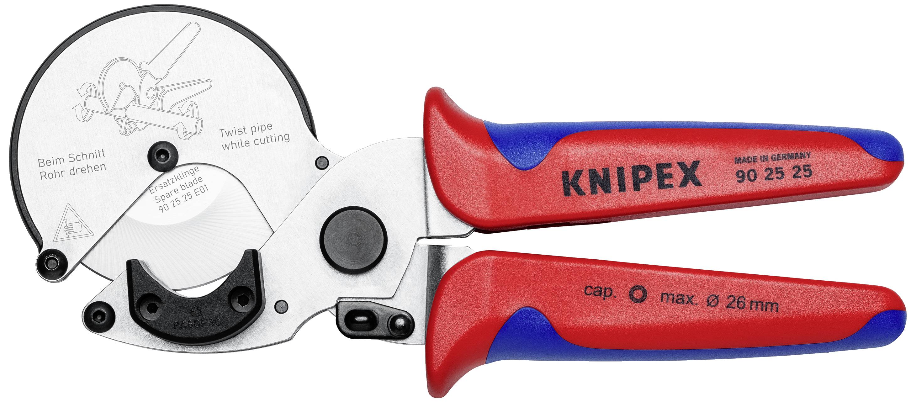 Blue and Red Cable Cutters in 'KNIPEX' branding, suitable for cutting pipes up to 26 mm. Manufactured in Germany.