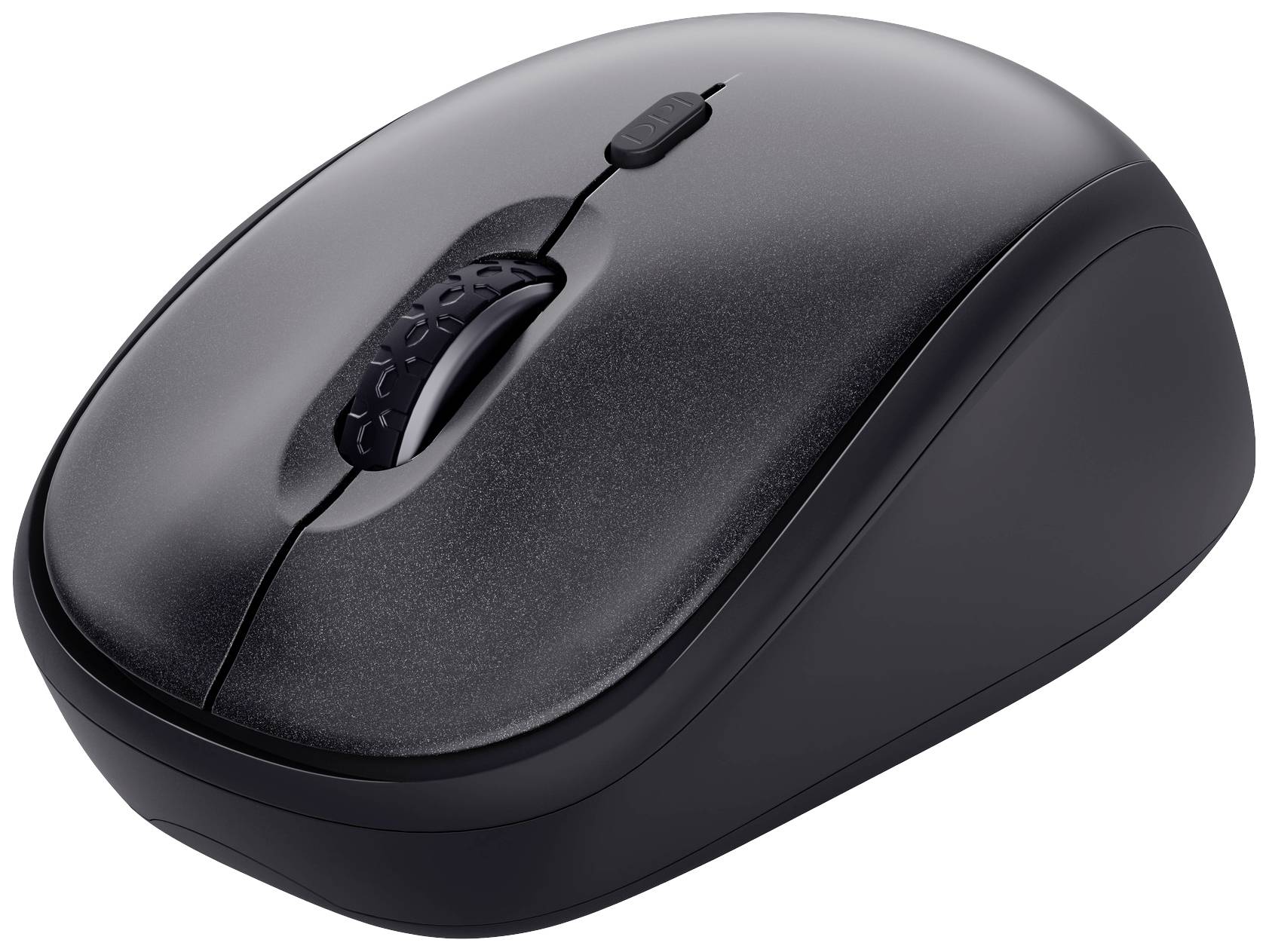 A black, wireless computer mouse with a scroll wheel, shown against a white background.