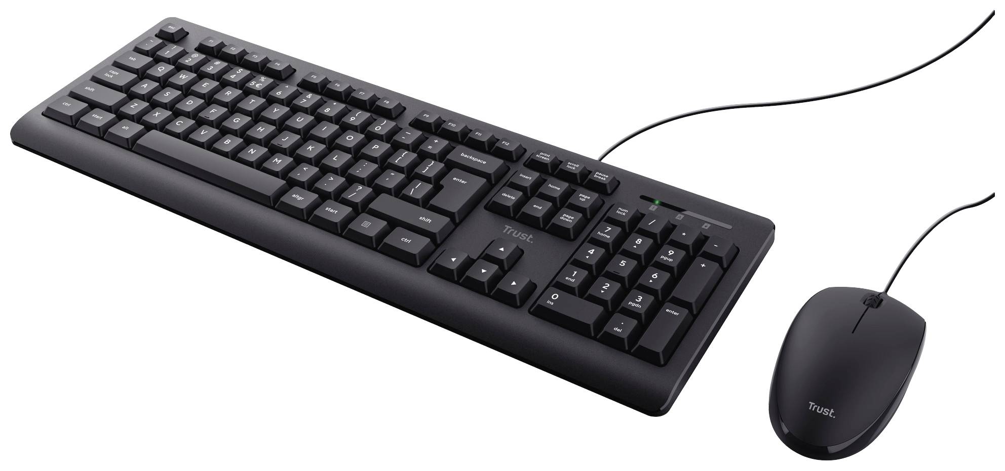Black wired keyboard and computer mouse on a white background. The keyboard has a standard layout, the mouse has two buttons.