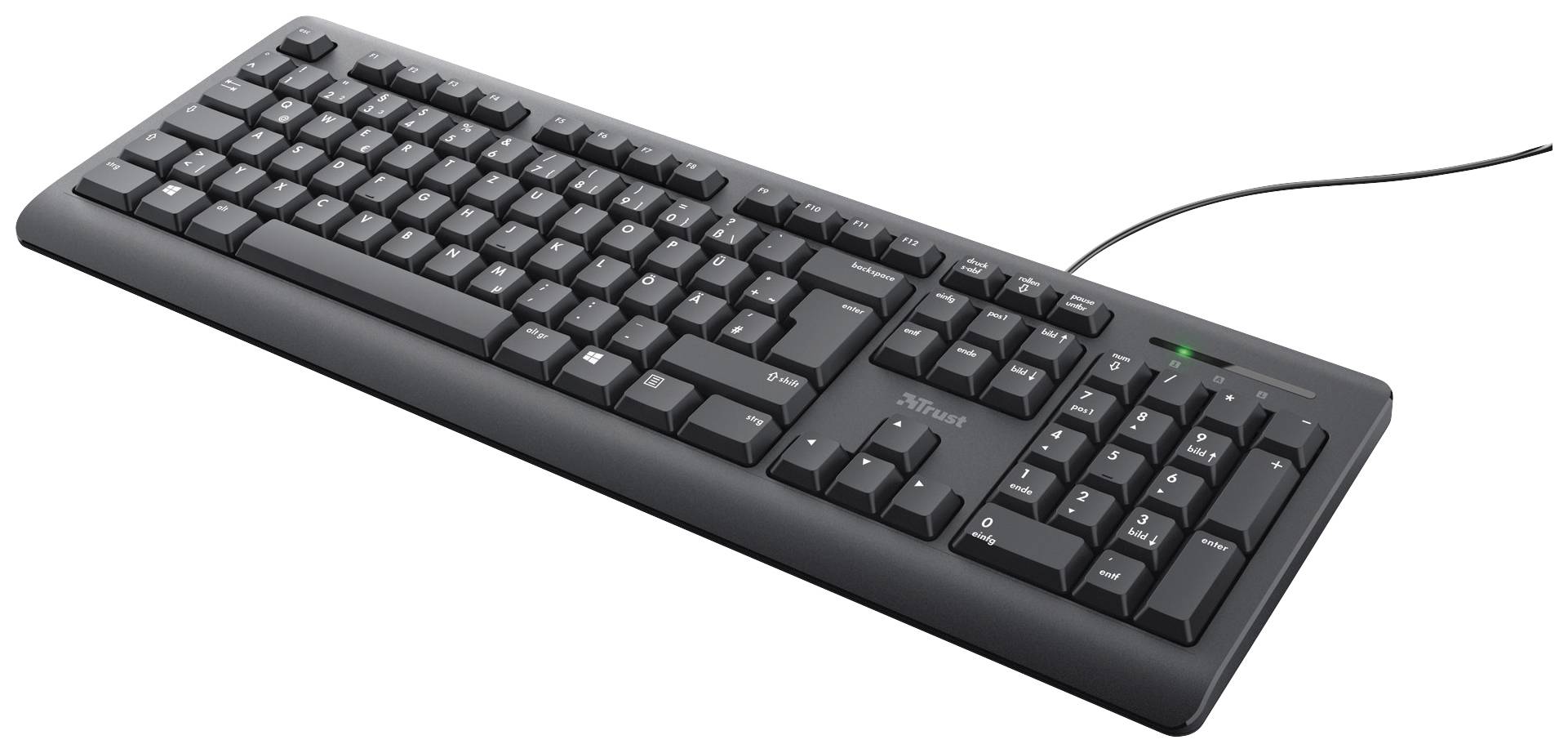 A black, wired QWERTZ keyboard with a full key layout, arrow keys, and numeric keypad, shown at a slight angle.