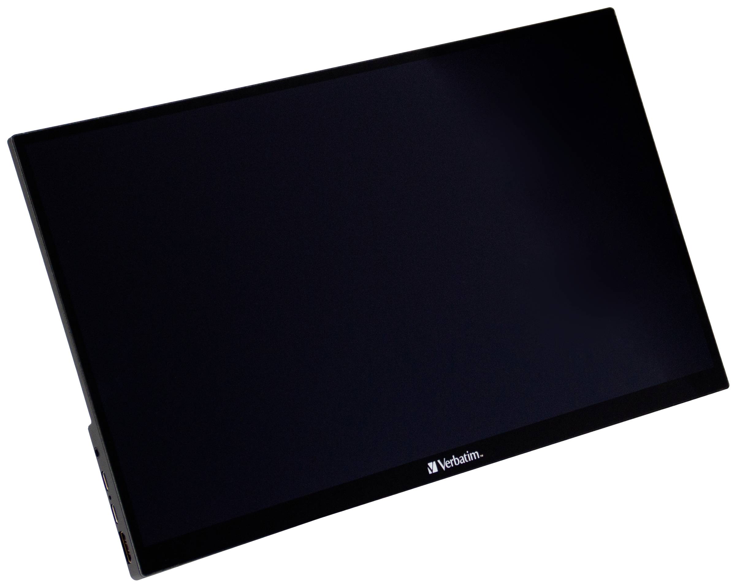 Flat, black Verbatim screen, photographed at an angle with a black frame.