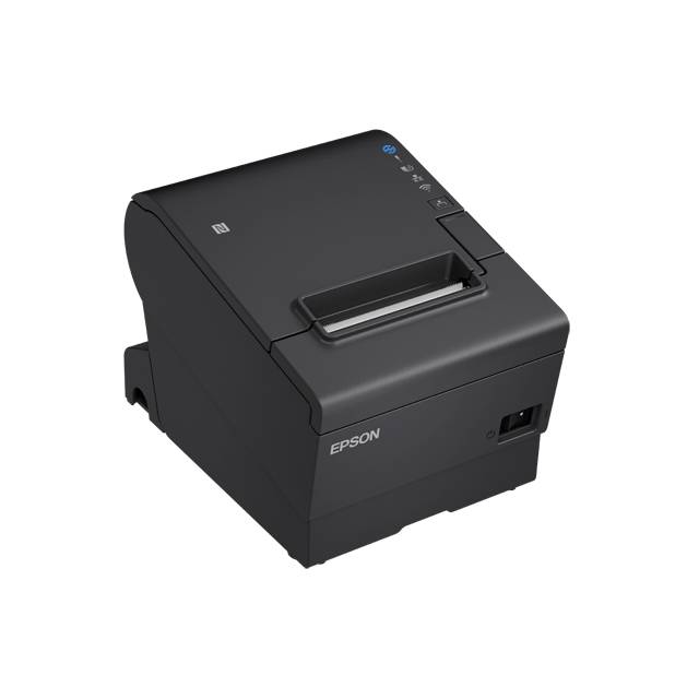 Black Epson printer viewed from an angle above. Compact with smooth surface and control buttons on the right side.