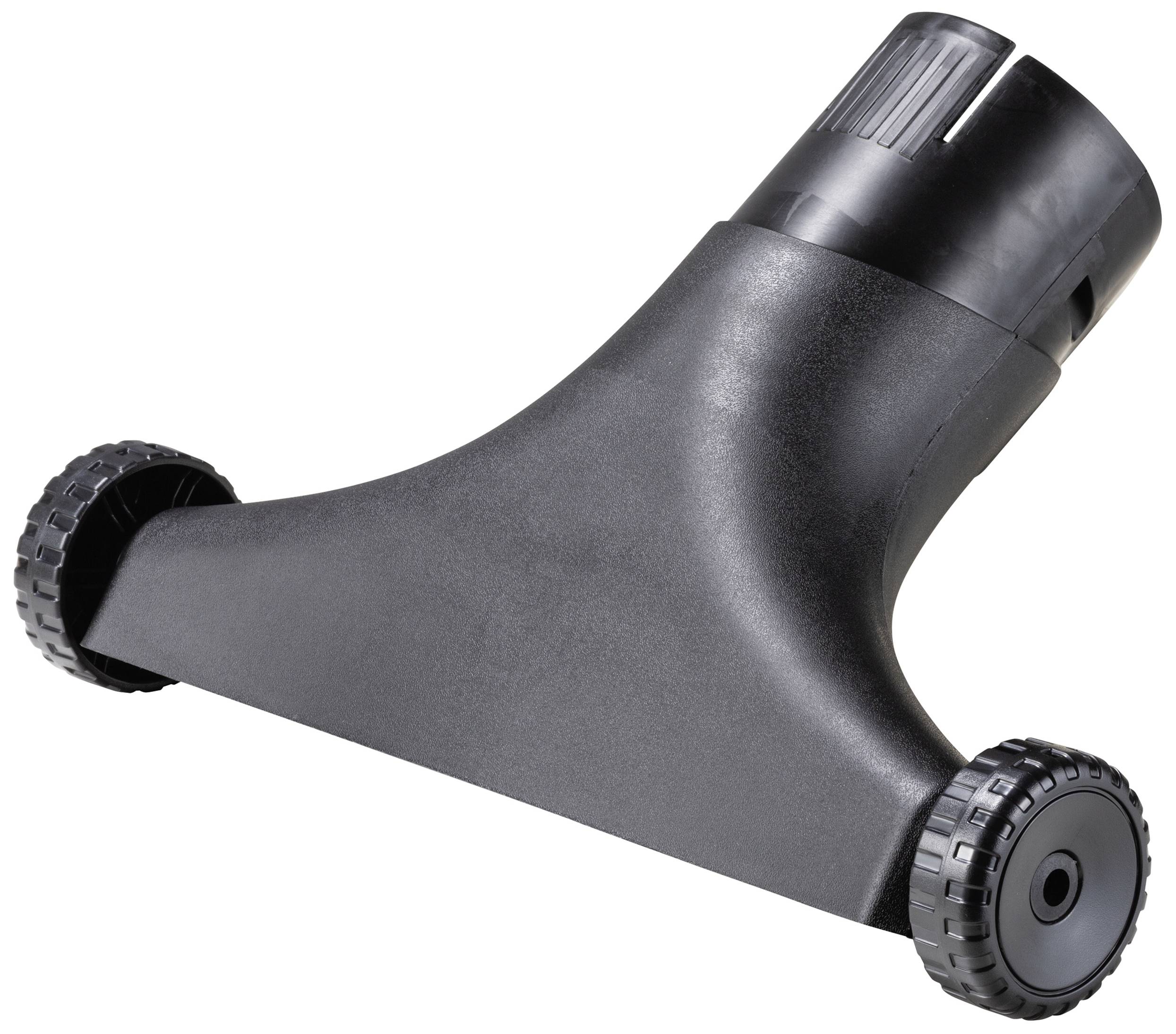 Black rollable floor nozzle with two small wheels, compatible with vacuum cleaner tubes. Ideal for cleaning carpets and hard floors.