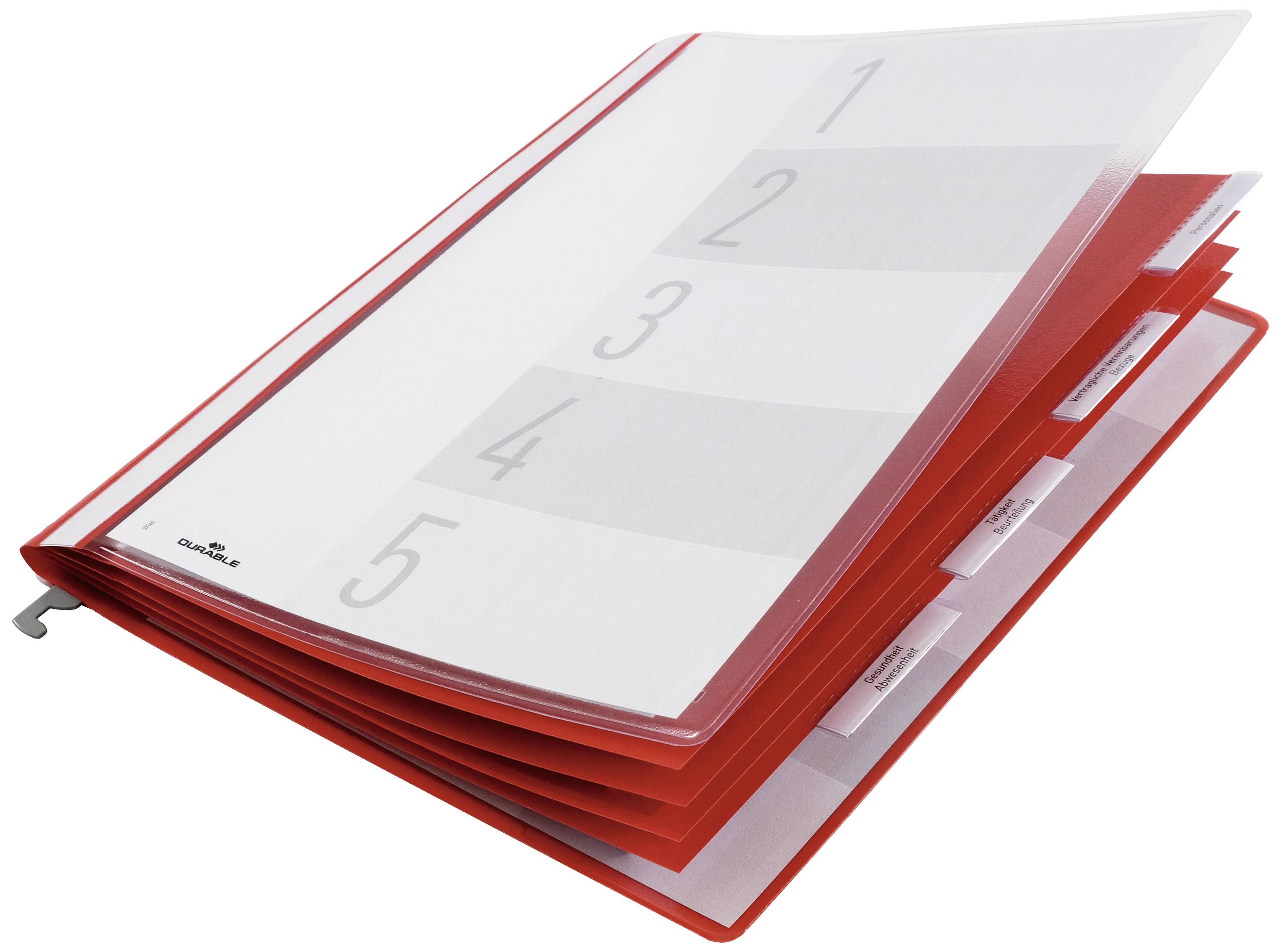 A red file folder with indexed dividers, numbered from 1 to 5. The folder is open and displays several indexed section dividers.