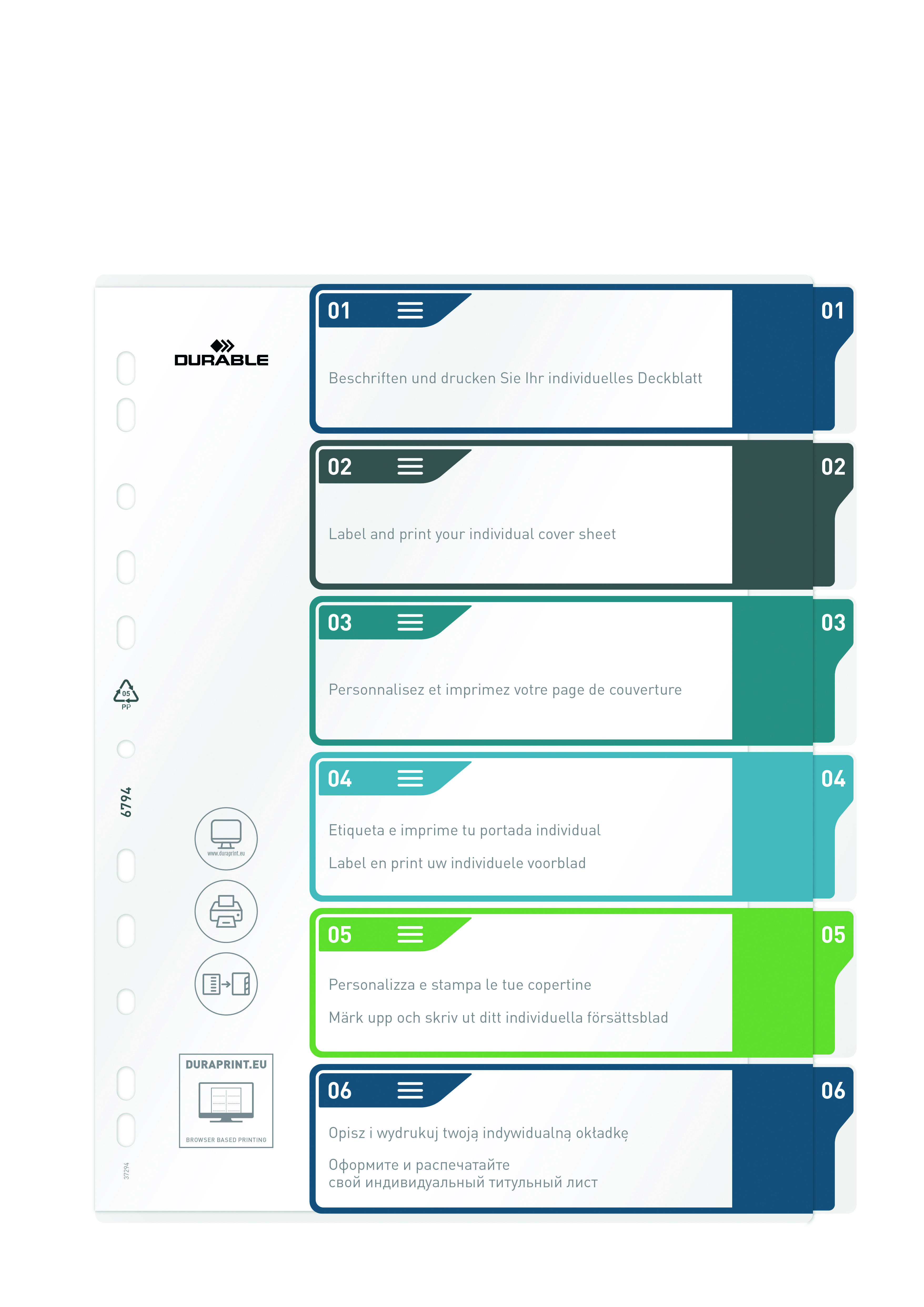 Register with numbered, coloured tabs. Each tab displays the number and a sentence for personalising the cover page in different languages.