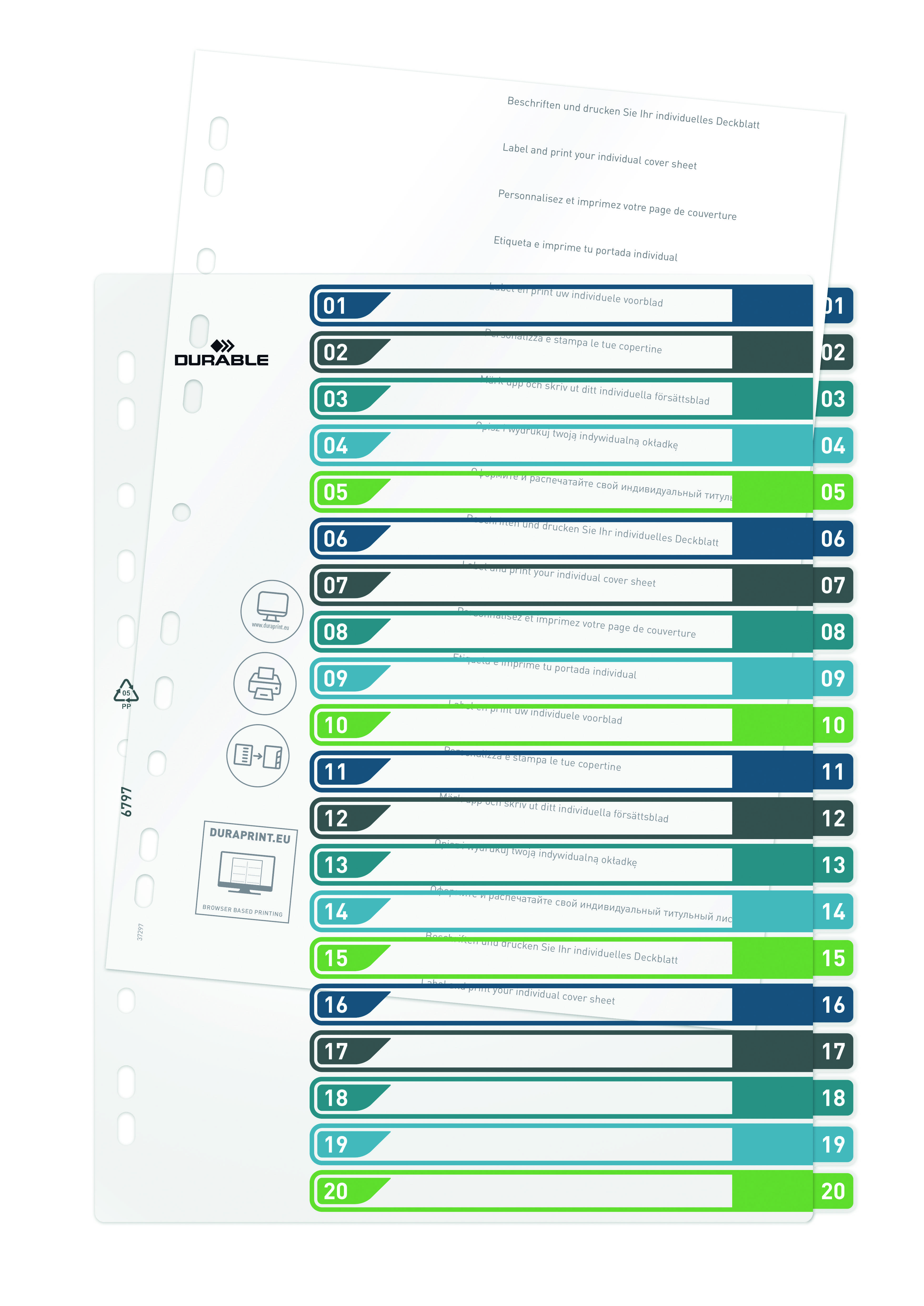 Plastic index dividers with coloured tabs, numbered from 1 to 20, suitable for folders to provide clear filing and organisation.