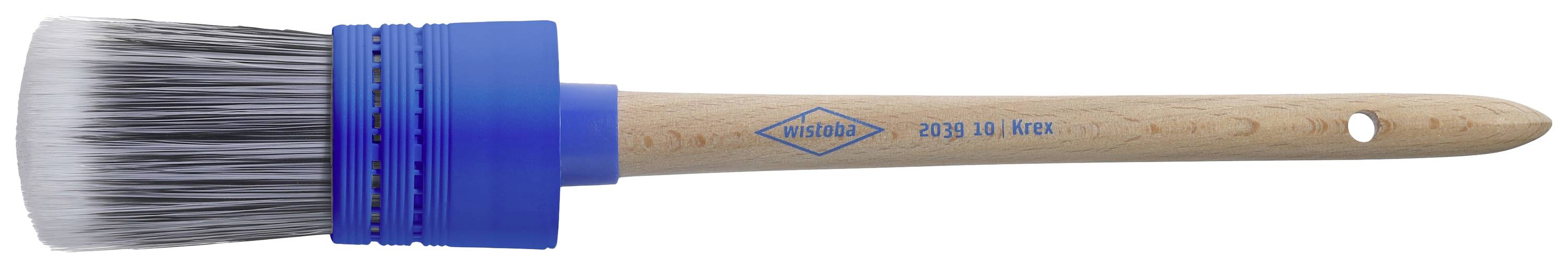 Blue round paintbrush with wooden handle and metal ferrule, suitable for painting and glazing.