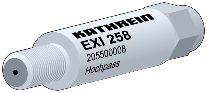 A cylindrical electronic component with the inscription 'KATHREIN EXI 258 205500008 High-Pass', potentially a filter.