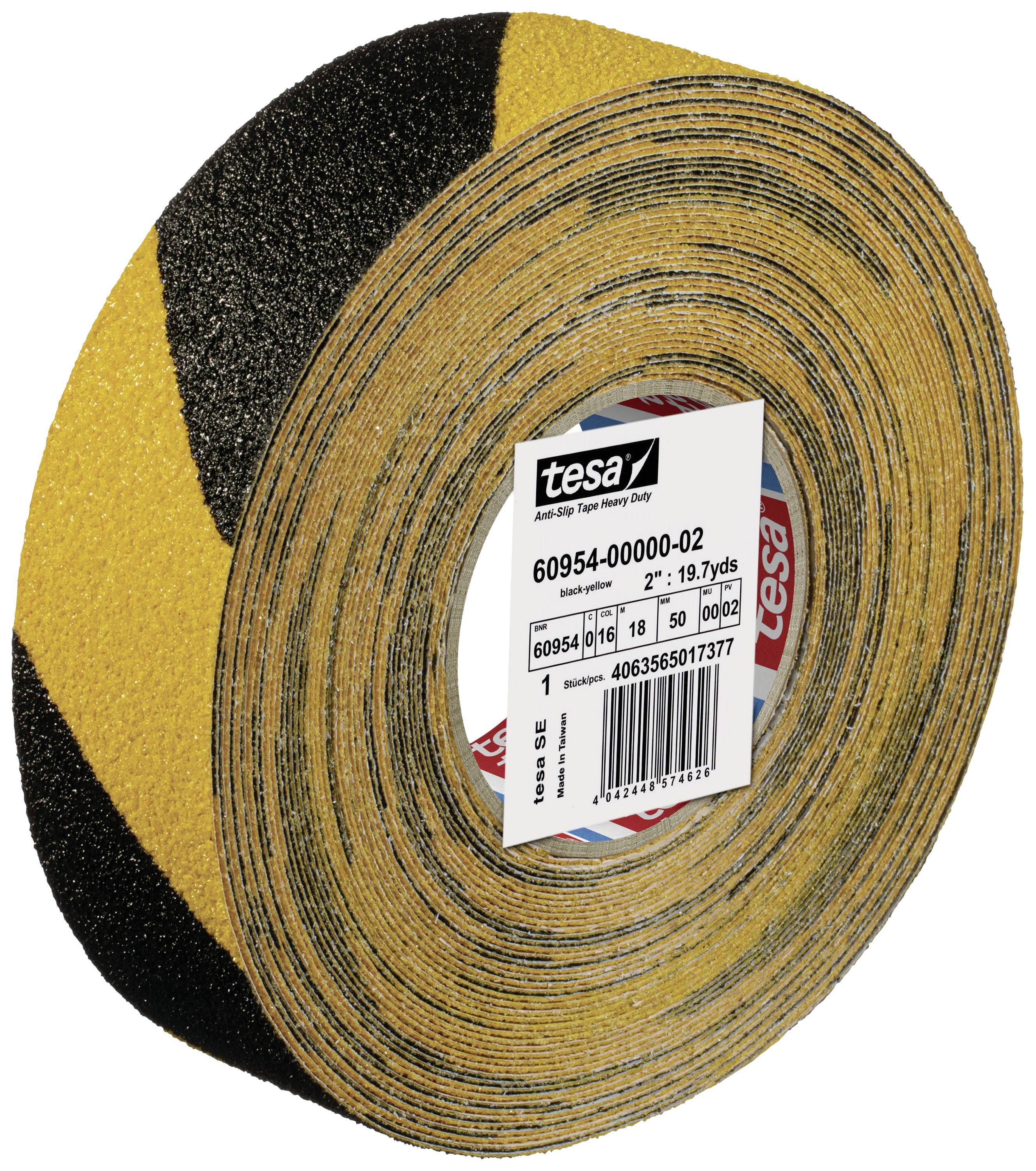 A roll of yellow and black warning adhesive tape from Tesa with product information on the label in the centre.
