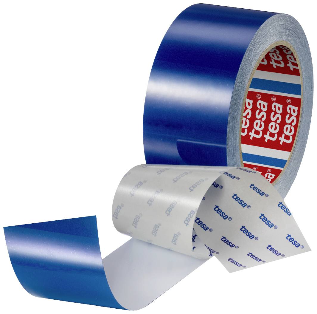 A blue roll of Tesa adhesive tape, partially unrolled, shows the red brand logo on the inside.