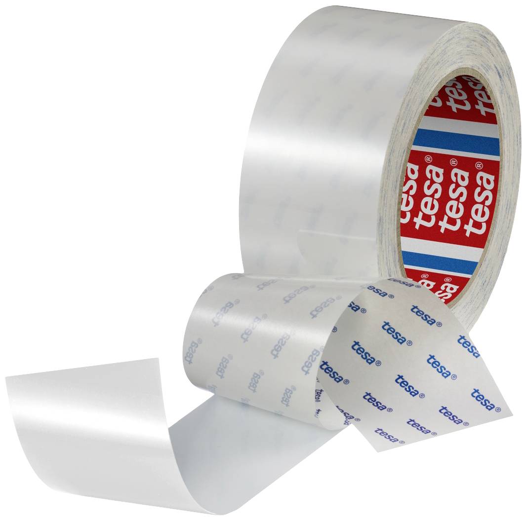 A roll of transparent, double-sided Tesa adhesive tape with protective film, exposed with 'tesa' print. Ideal for versatile fastenings.
