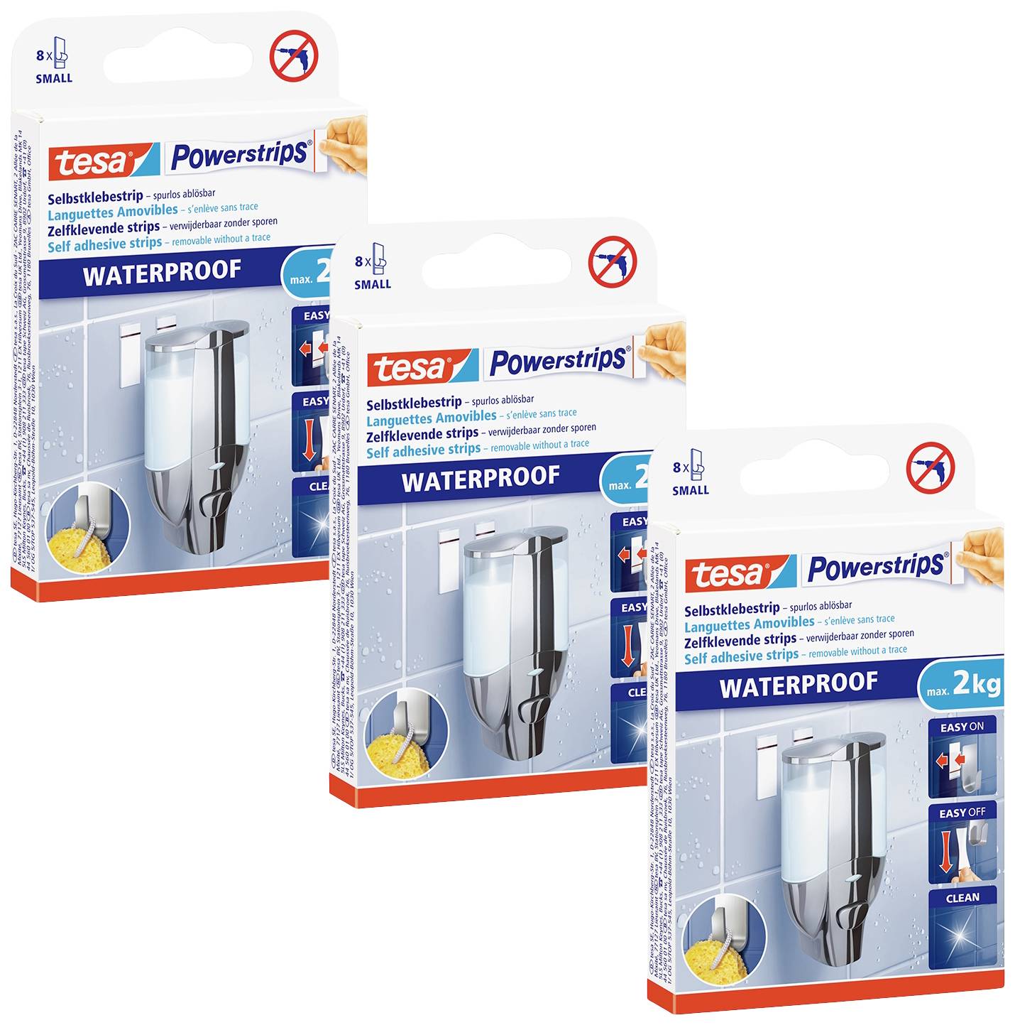 Three packs of 'tesa Powerstrips Waterproof'. The packaging shows self-adhesive strips, suitable for wet surfaces up to 2 kg.