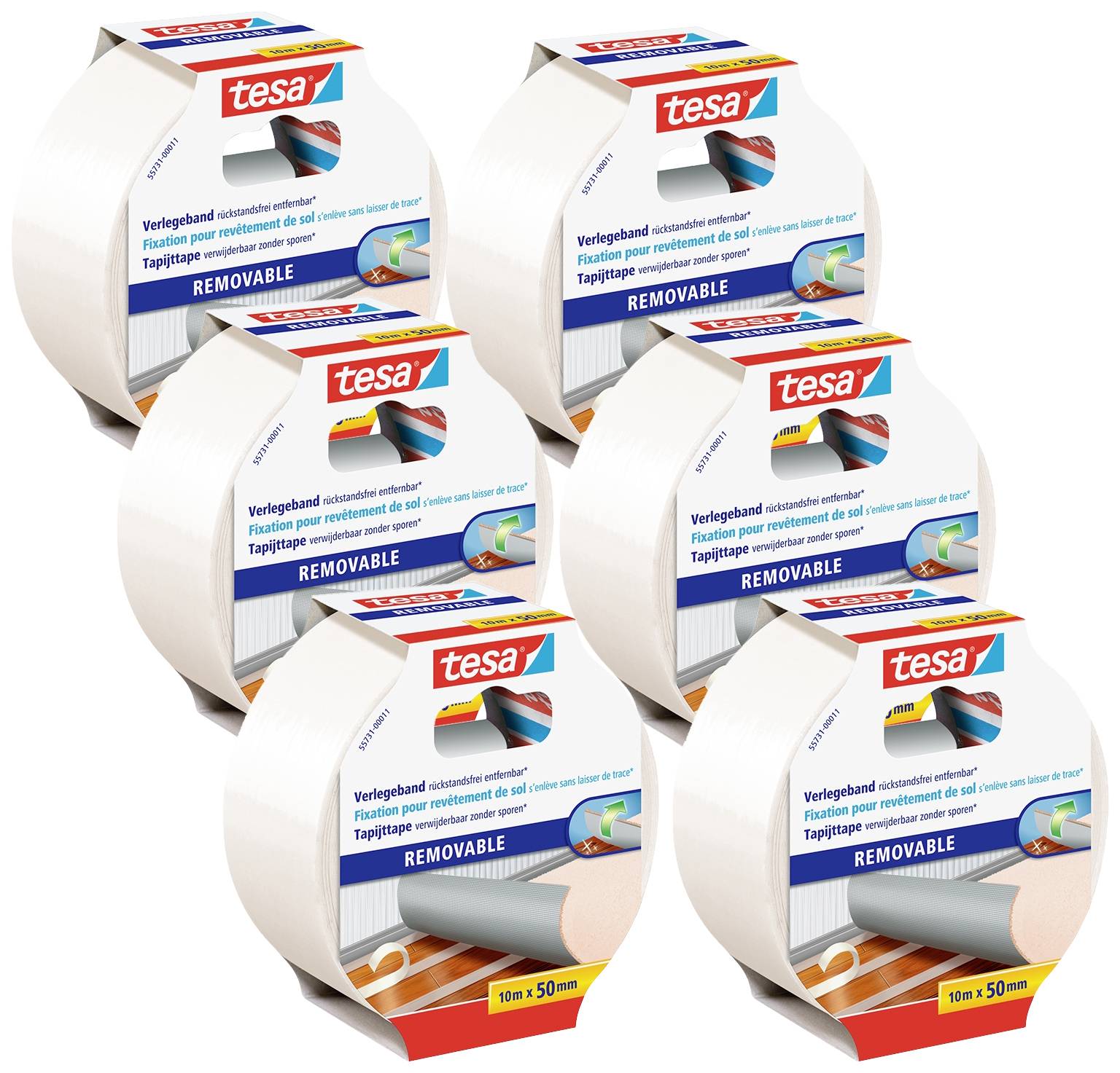Six rolls of double-sided adhesive tape by Tesa. Packaging highlights 'Removable'. Suitable for carpet fixing on floors.