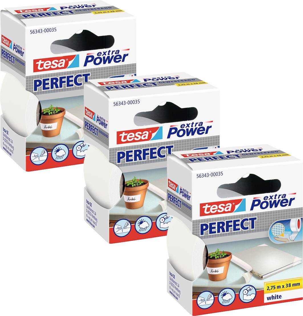 Three boxes of 'tesa extra Power Perfect' tape, each labeled '2.75 m x 38 mm, white', featuring uses for indoor and outdoor repairs.