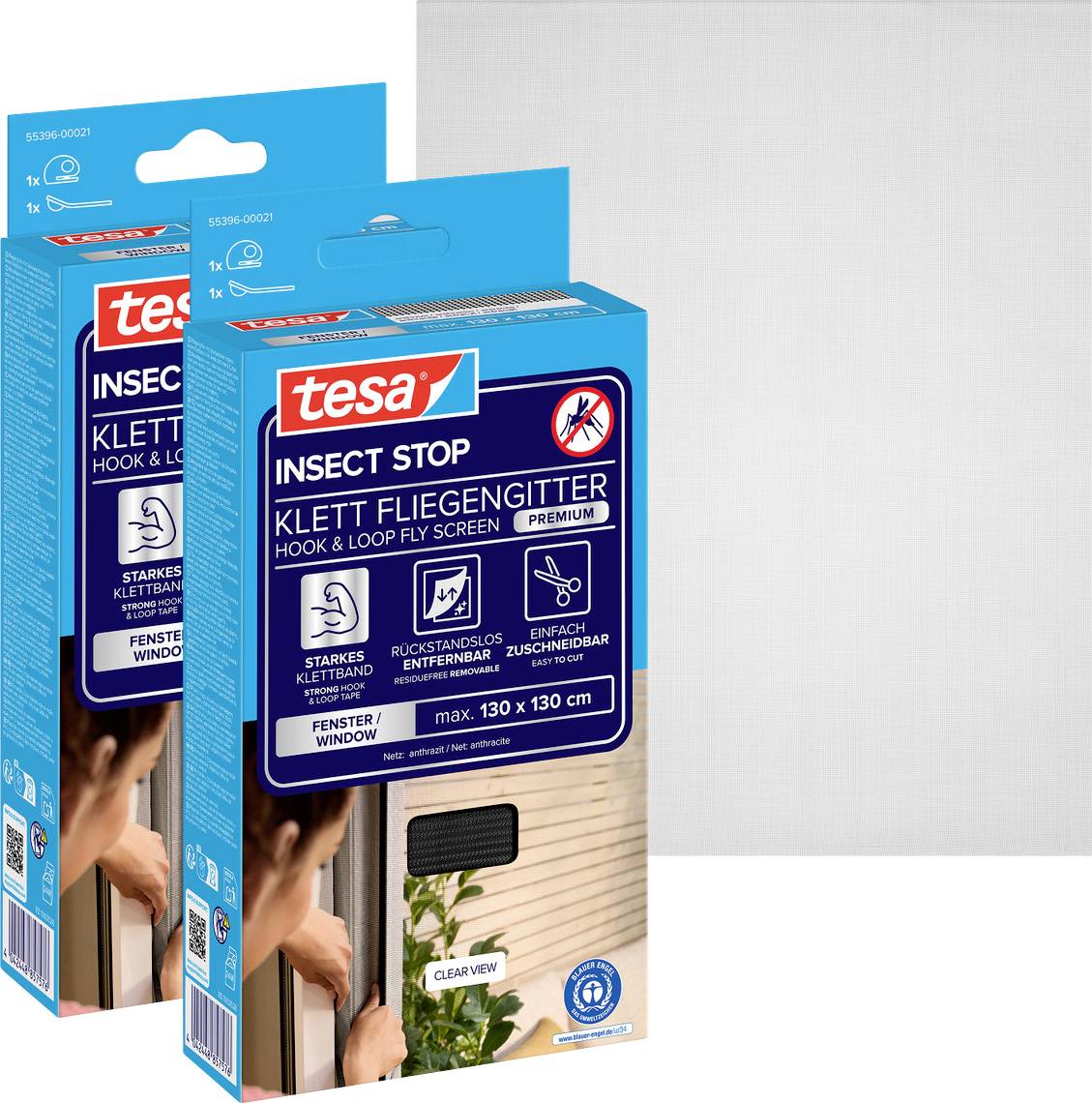 Two Tesa Insect Stop hook-and-loop fly screen packages, showing a window insect screen product with 'max. 130 x 130 cm' on the box.