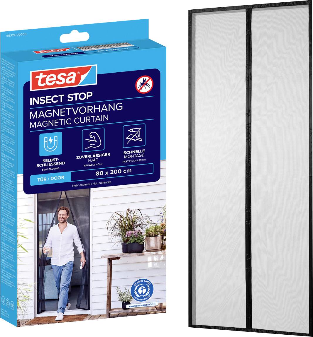 Packaging and product image for tesa Insect Stop magnetic curtain, showing a black mesh door screen and the box labeled 'MAGNETVORHANG' and '80 x 200 cm'.