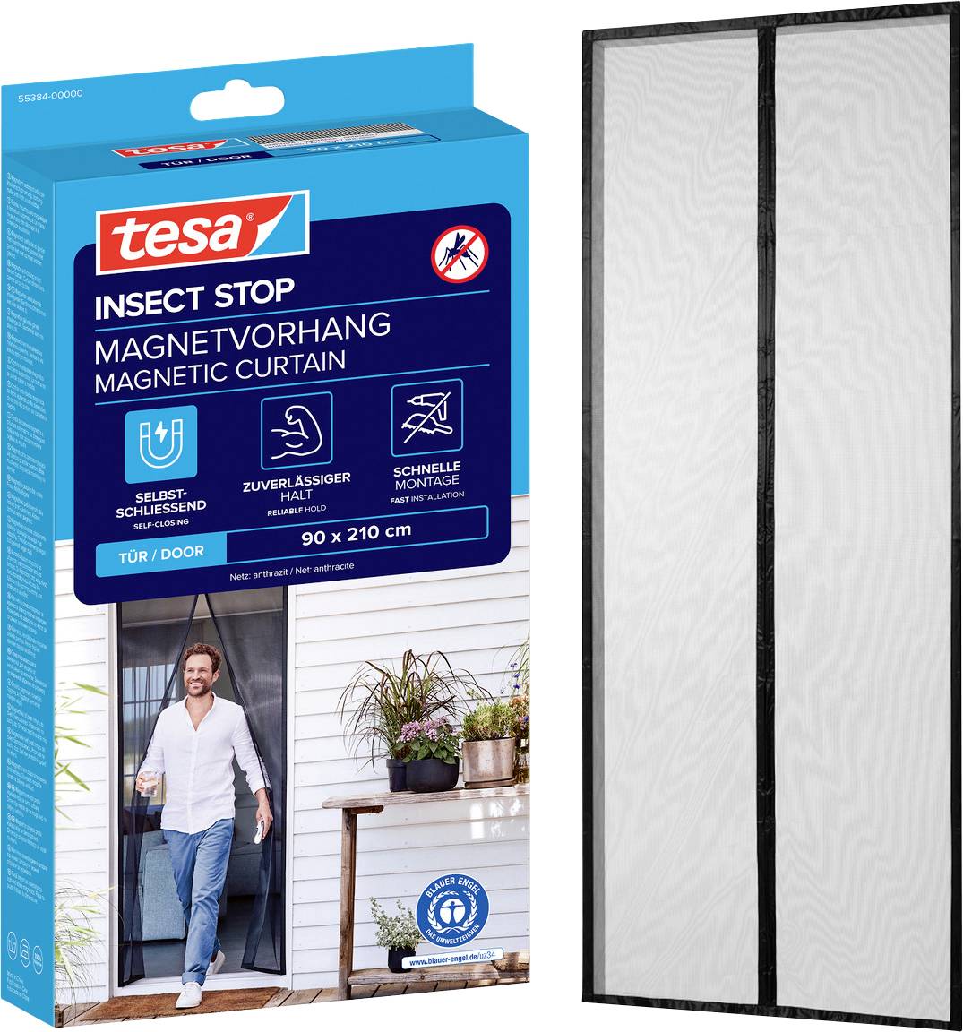 Product box for tesa Insect Stop magnetic curtain, showing a self-closing door screen for 90 x 210 cm openings beside the mesh curtain panels.
