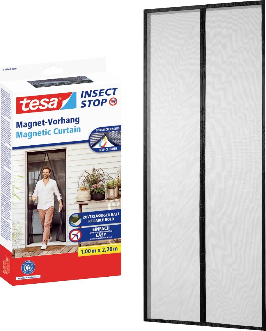Packaging for a magnetic insect screen 'tesa Insect Stop'. Depicts a man walking through the opened curtain.