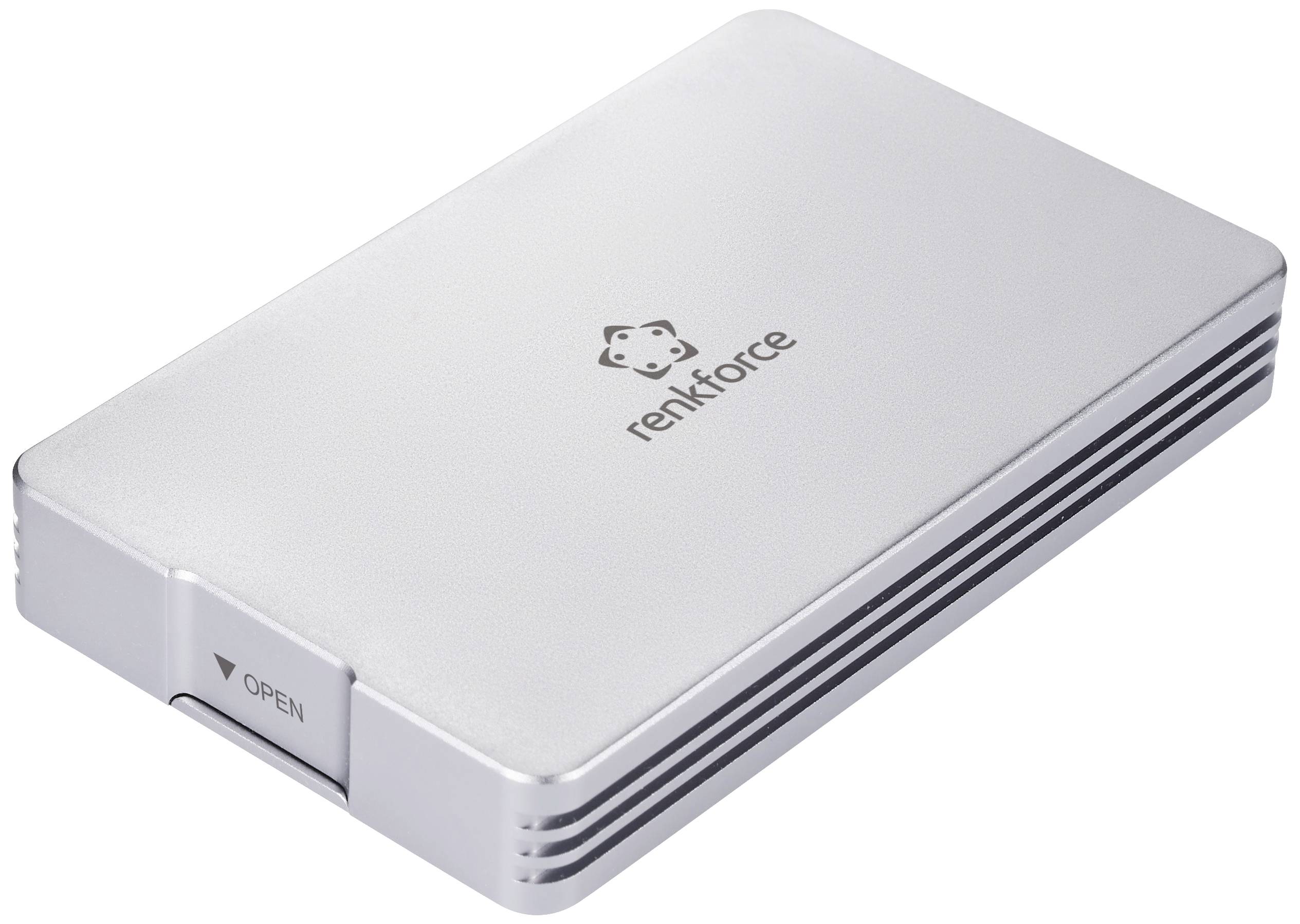 External hard drive in silver colour, brand 'renkforce', with a slider and 'OPEN' note on the side.