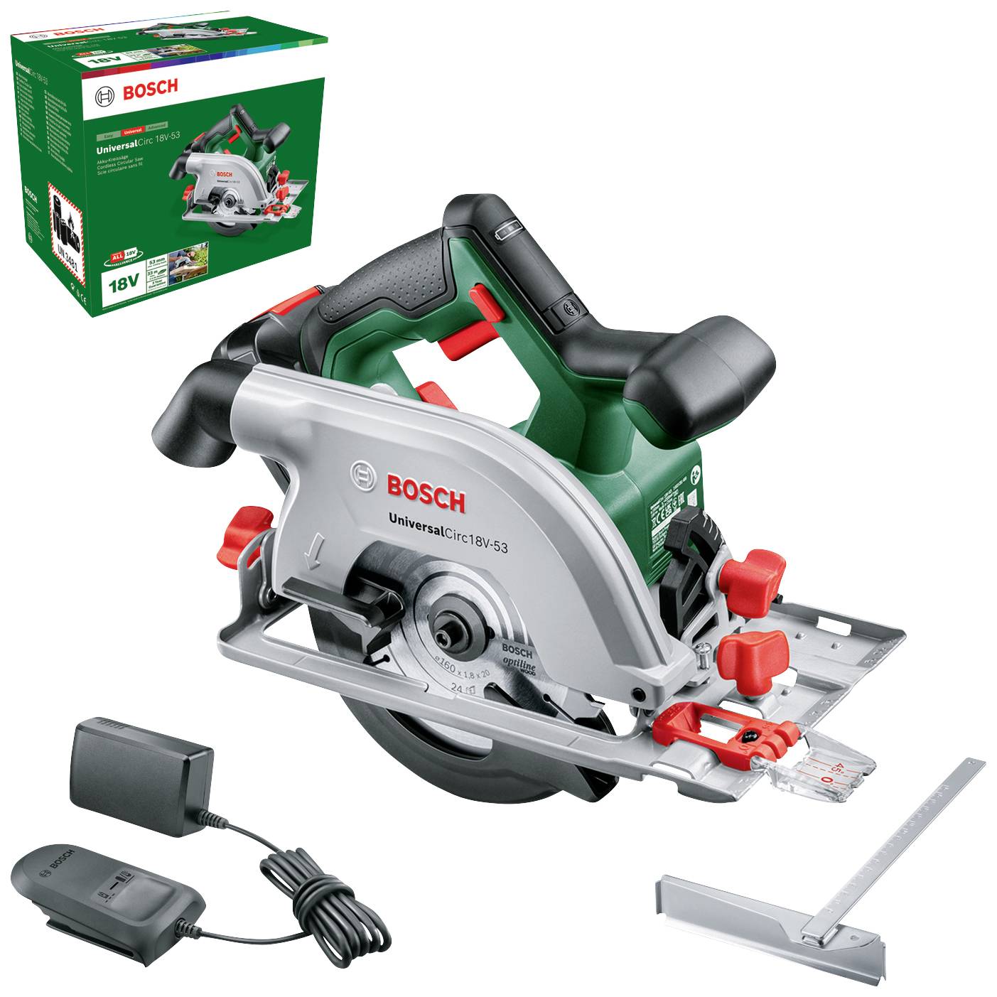 A Bosch universal circular saw with battery, charger and accessories on a white background. Packaging in the background.