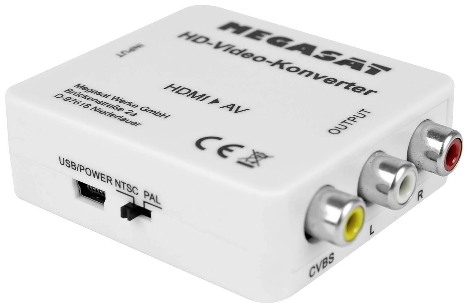 A white HD video converter by Megasat with HDMI-AV connection. On the side are USB/Power, NTSC/PAL switch and audio-video outputs.
