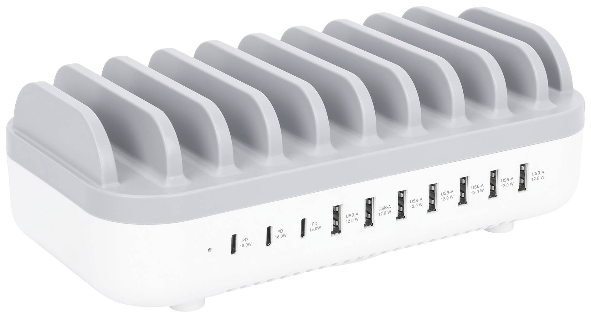 Multi-USB charging station with ten ports and separate compartments for simultaneously charging multiple devices.