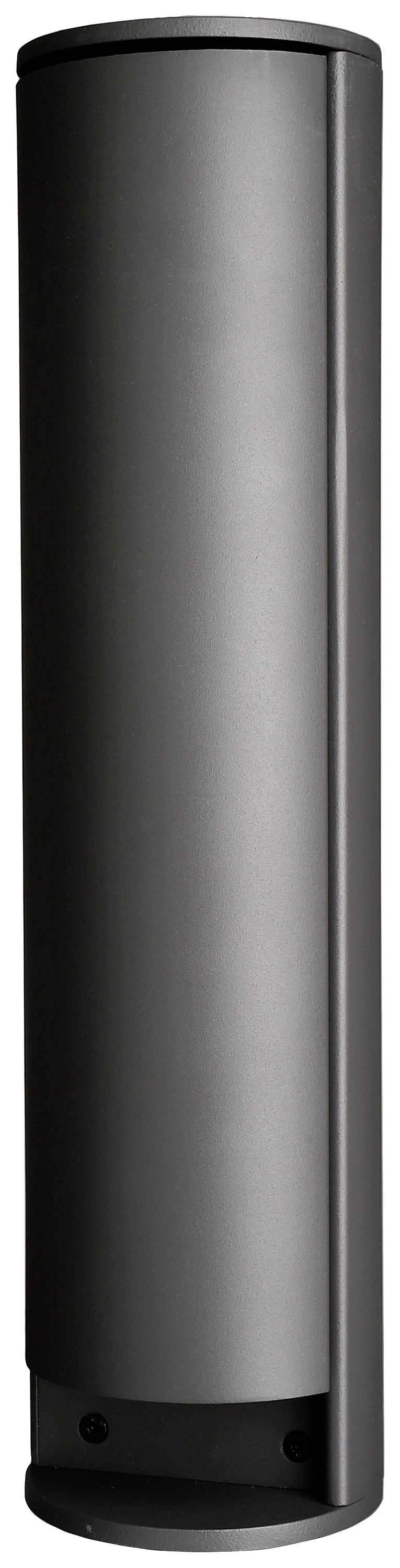 A black, cylindrical speaker with a minimalist design and smooth surface.