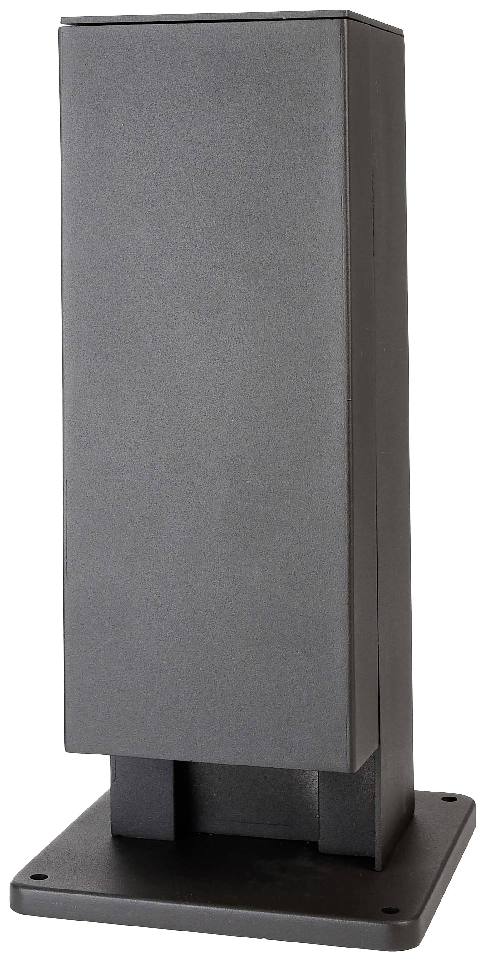 A grey, rectangular steel support with a wide base for supporting structures or installations.