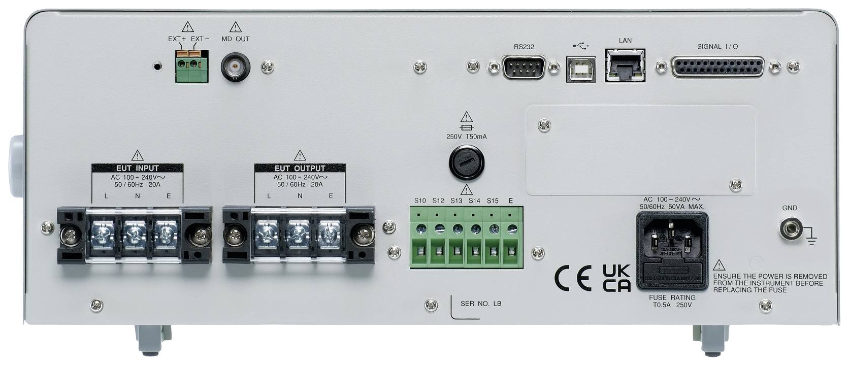 Rear view of an electronic device with multiple input and output ports, a power switch, a fan, and CE and UKCA markings.