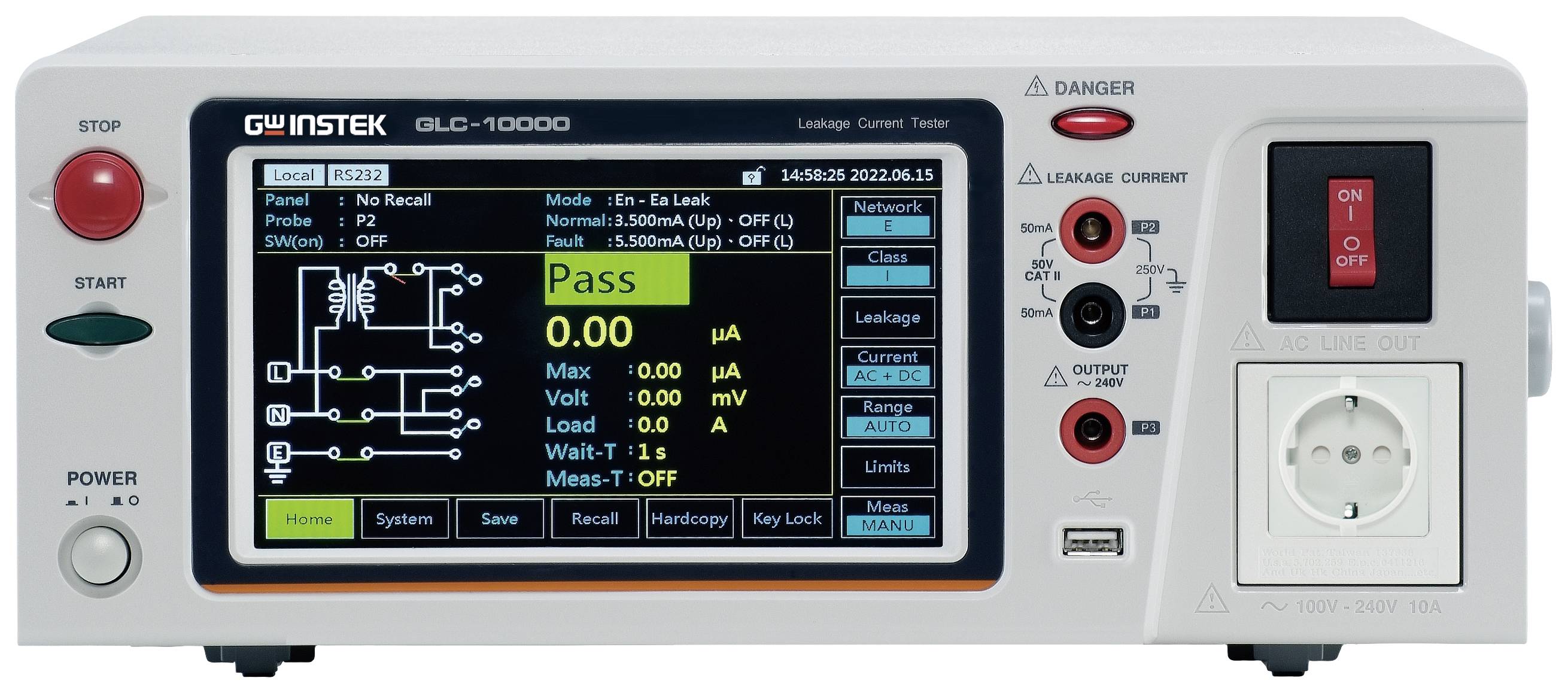 A digital measuring device displays measurement values 'Pass' on a screen with diagrams, showing voltage and current readings, along with switches and warning symbols.