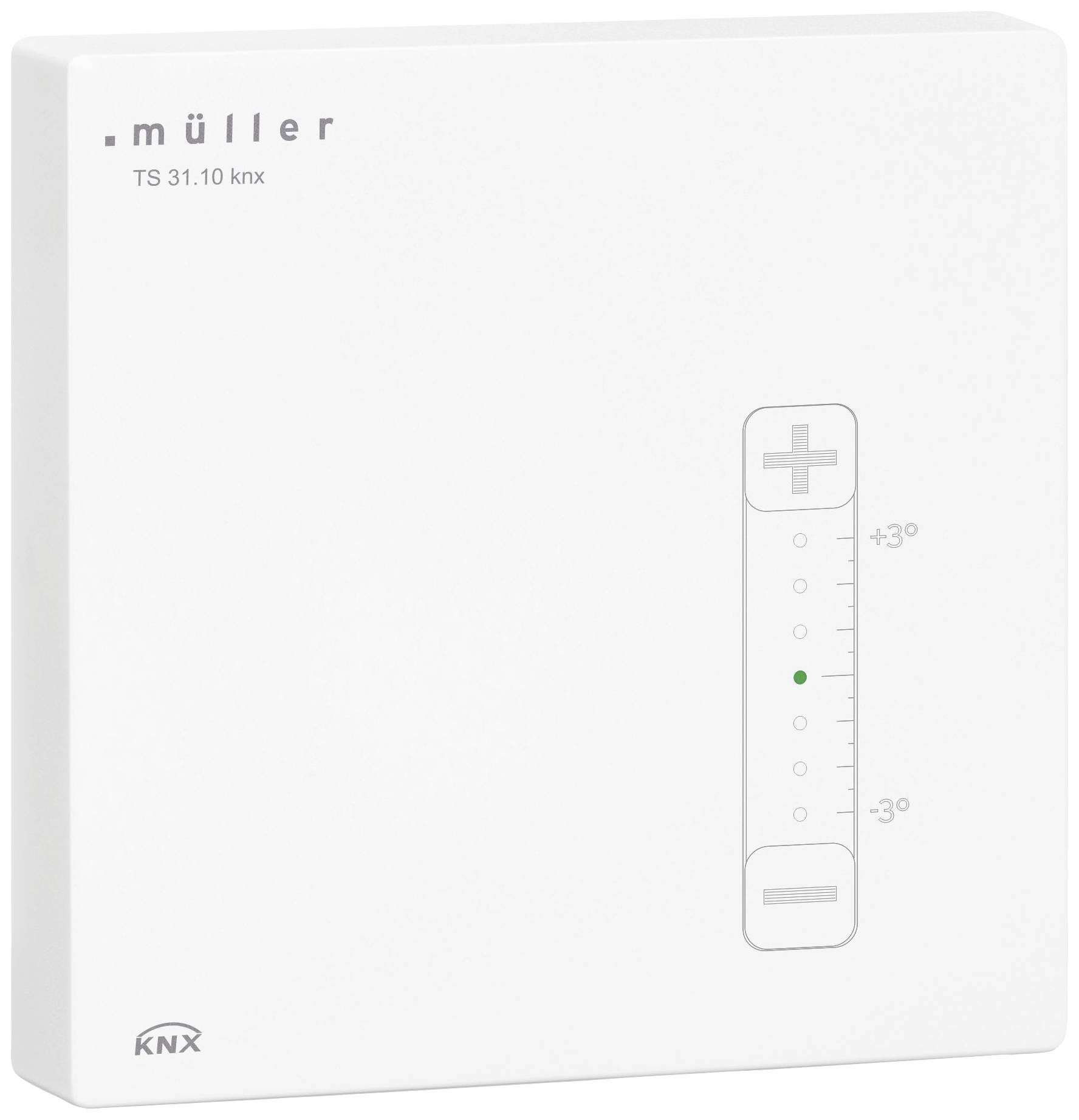 Thermostat with '+' and '-' buttons for temperature control on a white device with the inscription 'müller TS 31.10 knx'.