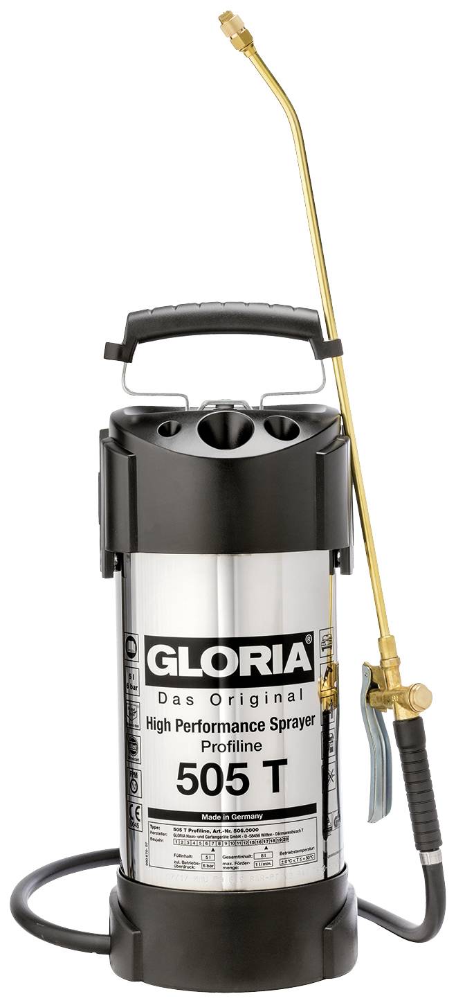 'GLORIA 505 T High-Performance Sprayer.' A silver and black pressure sprayer with a long spray lance and carrying handle, suitable for professional applications.