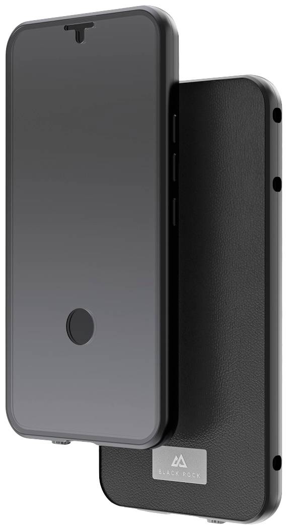 Two black smartphone protective cases with a stylish design, one with a smooth surface, the other with an embossed leather-look finish.