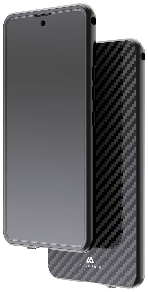 A smartphone with a carbon fibre-like design on the back.