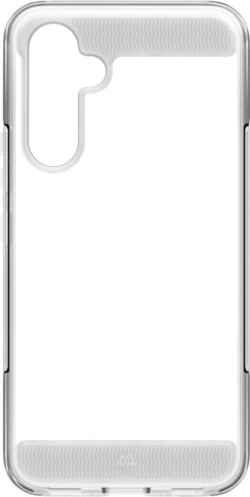 Transparent mobile phone case with cut-outs for camera and buttons, made of clear, flexible material for protection and visibility.