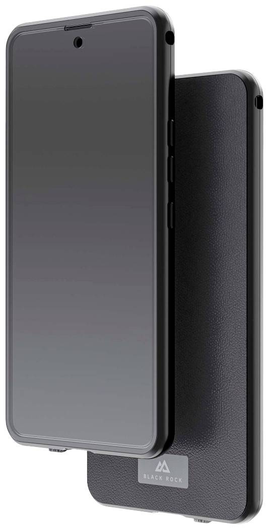 Black, foldable smartphone case with a smooth surface and cutouts for camera and buttons, brand 