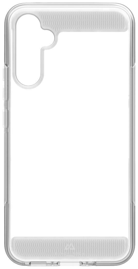 Transparent mobile phone case with cut-outs for cameras and ports, specifically designed for a particular model. Minimalist and functional design.