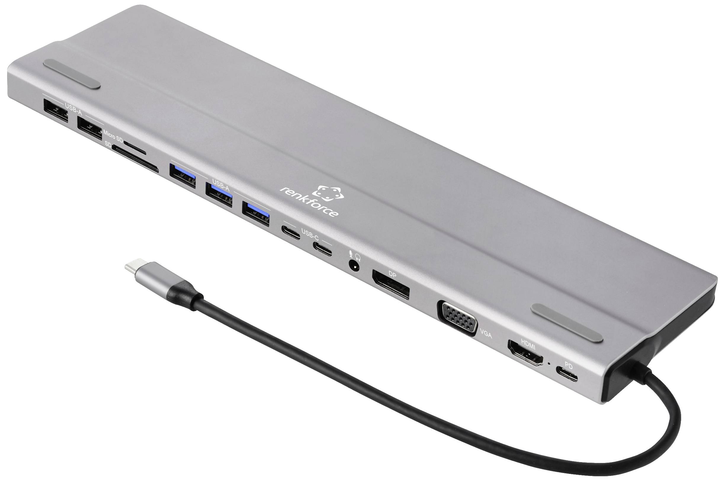 A silver-coloured USB-C docking station adapter with multiple ports, including USB, HDMI, VGA and Ethernet.