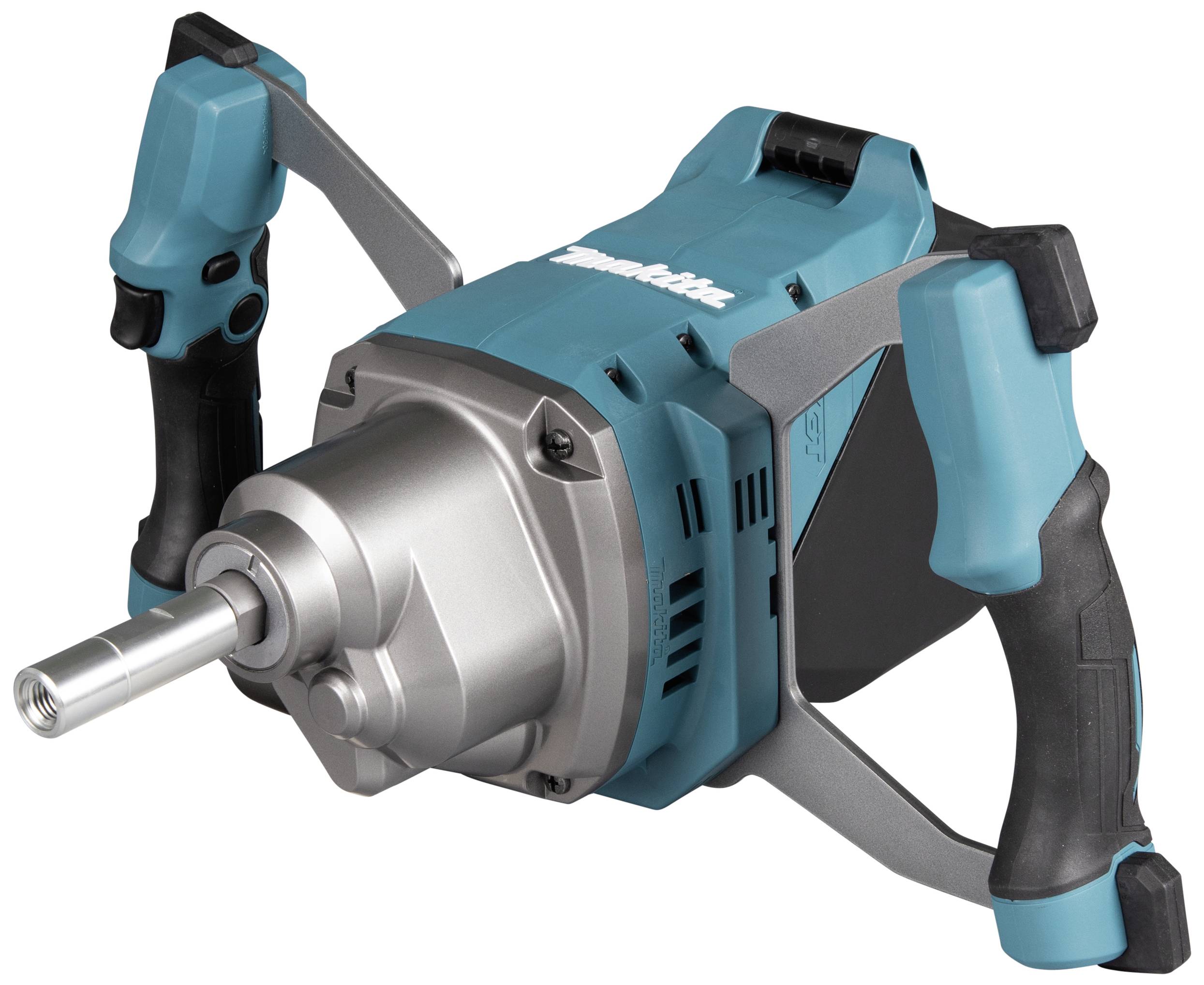 Hand mixer in blue and black with a robust metal casing, ergonomic handles, and a rotating mixing head.
