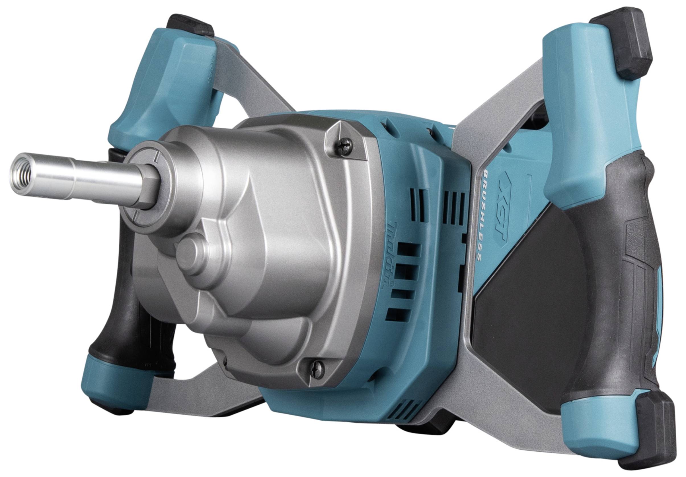 Electric colour mixer with blue and black casing, ergonomic handle, and silver mixing tool, side view.