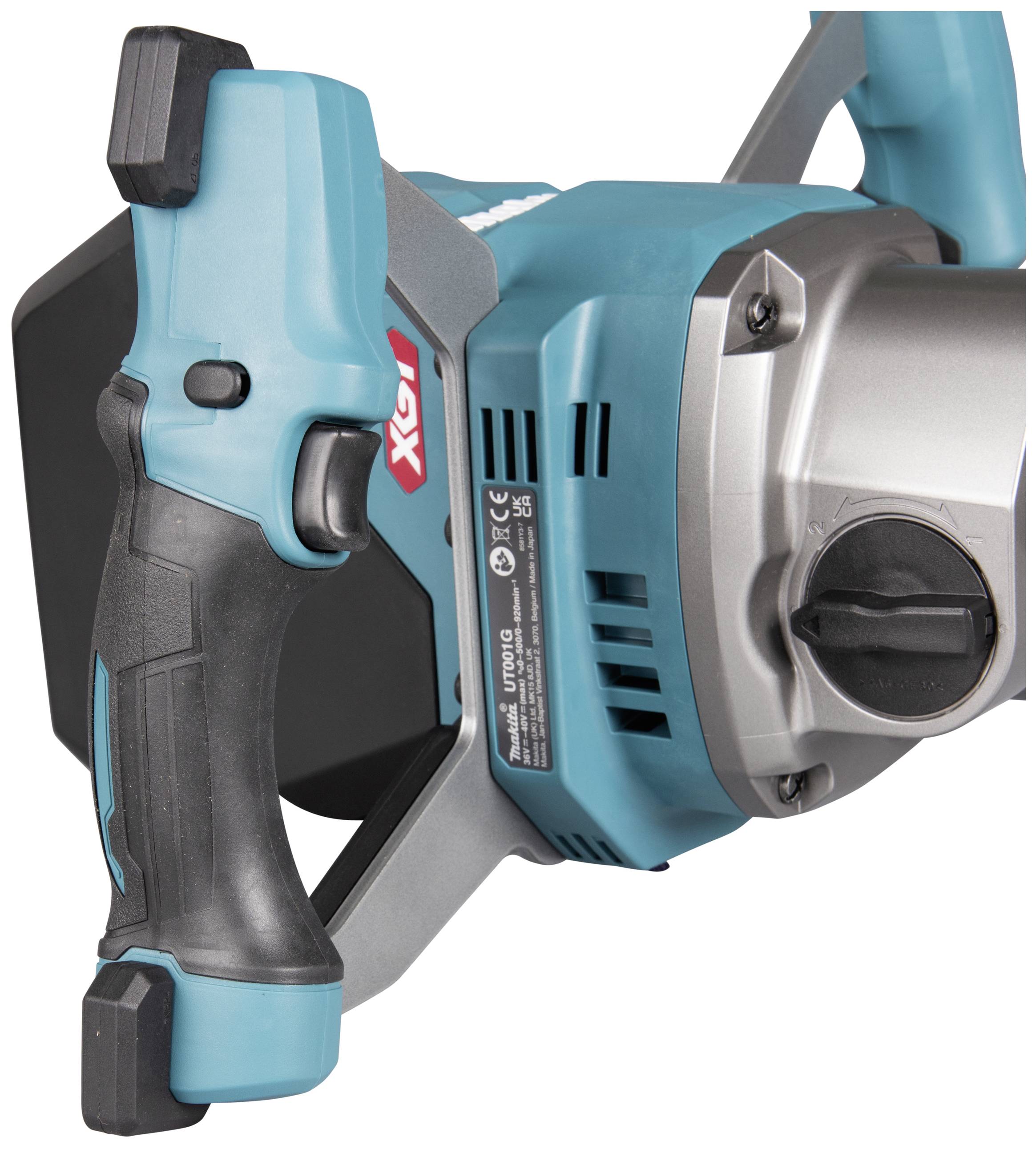 An electric power tool with a blue-black design, sturdy handle and control elements, most likely a mixer or drill.