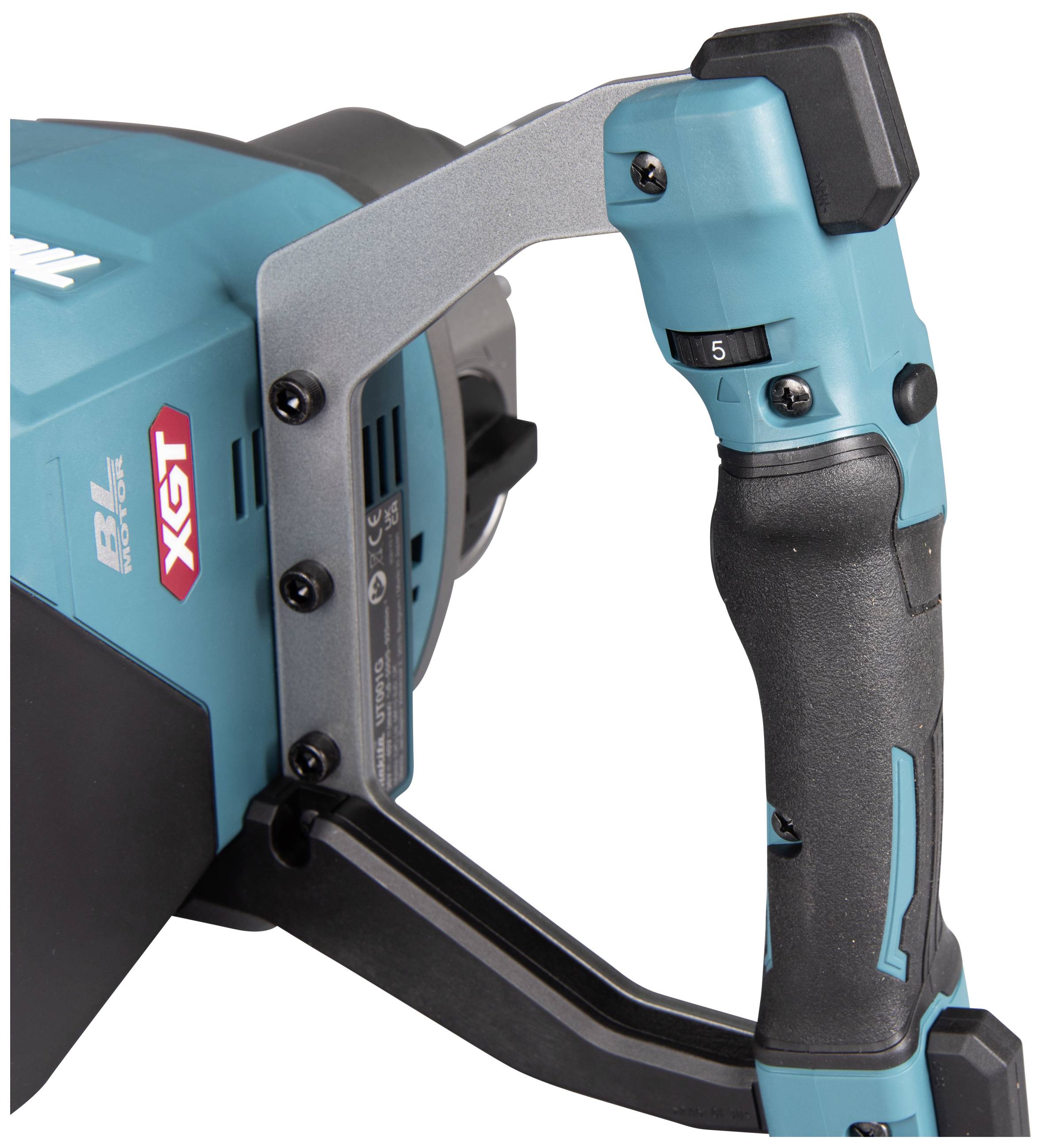 A navy-blue and black electric power tool with an ergonomic handle and a red 'XGT' logo on the side, suitable for heavy-duty work.
