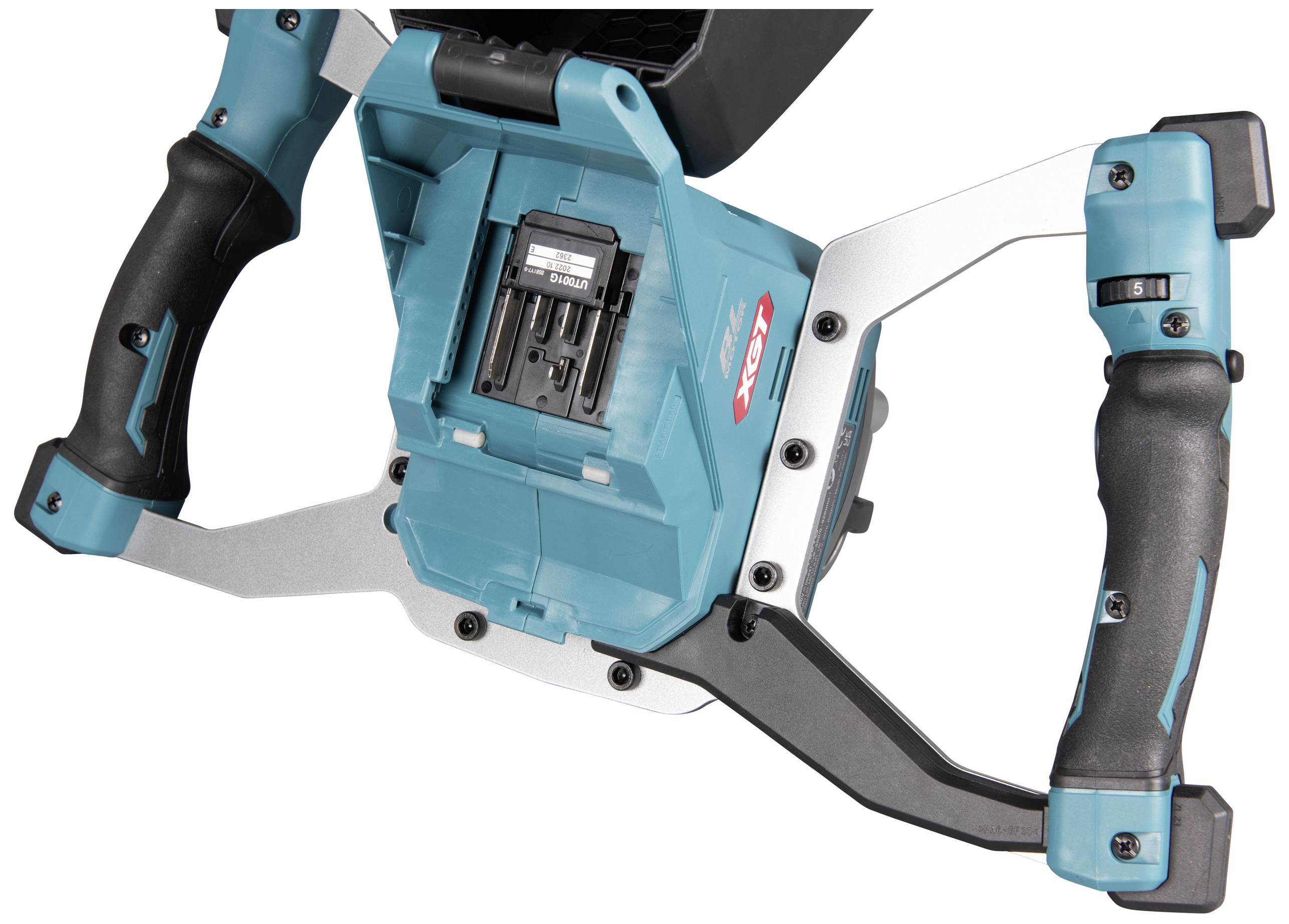 A power tool with a blue-black handle and battery compartment, photographed in close-up.