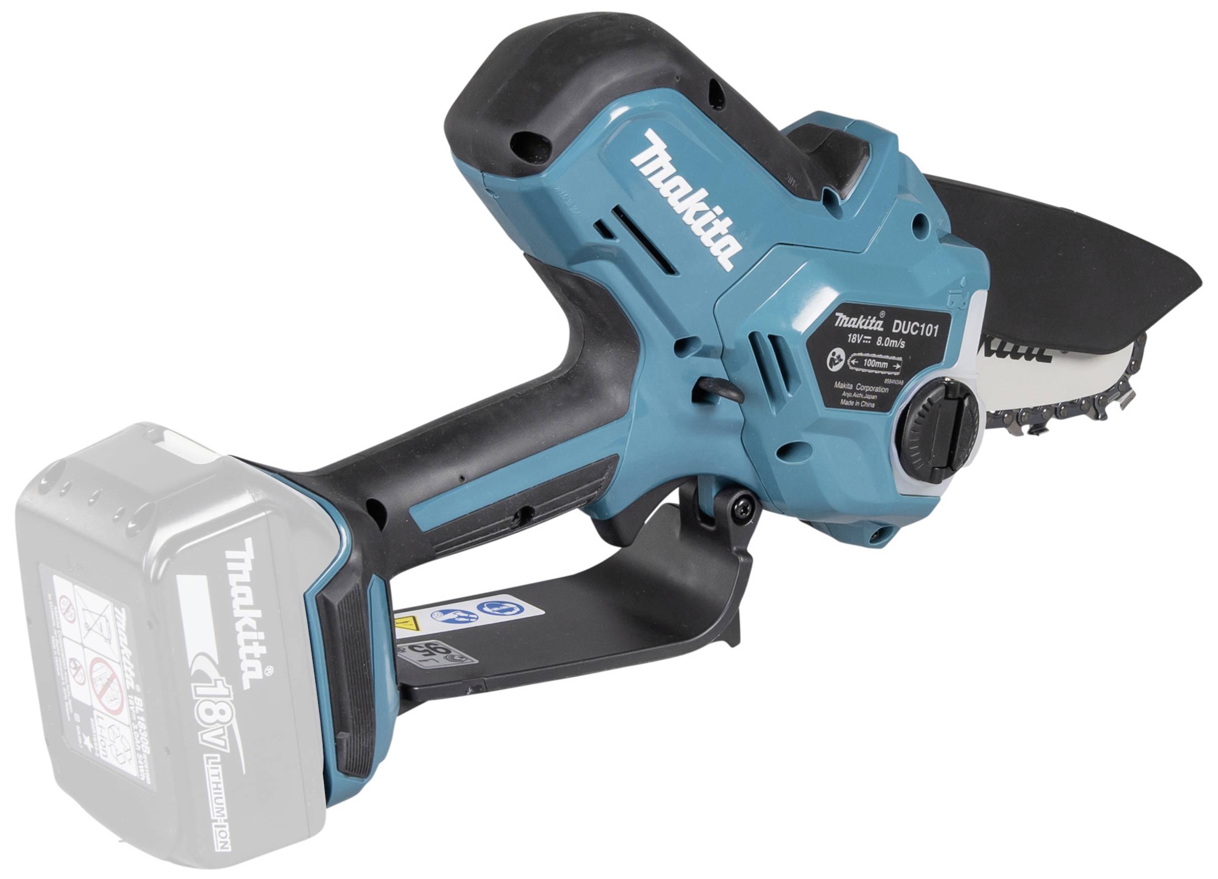 Cordless Mini Chainsaw with 18V Battery and Sharp Chain. It is compact, blue, and ideal for light cutting tasks in the garden.