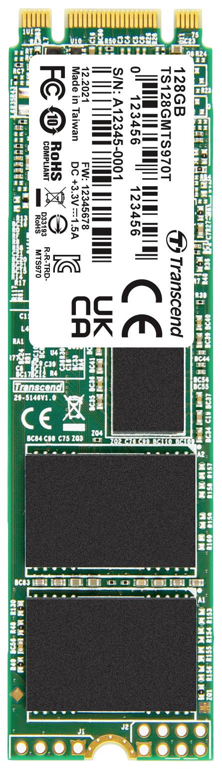 A green Transcend solid-state drive module with various chips and labels showing capacity and serial number.