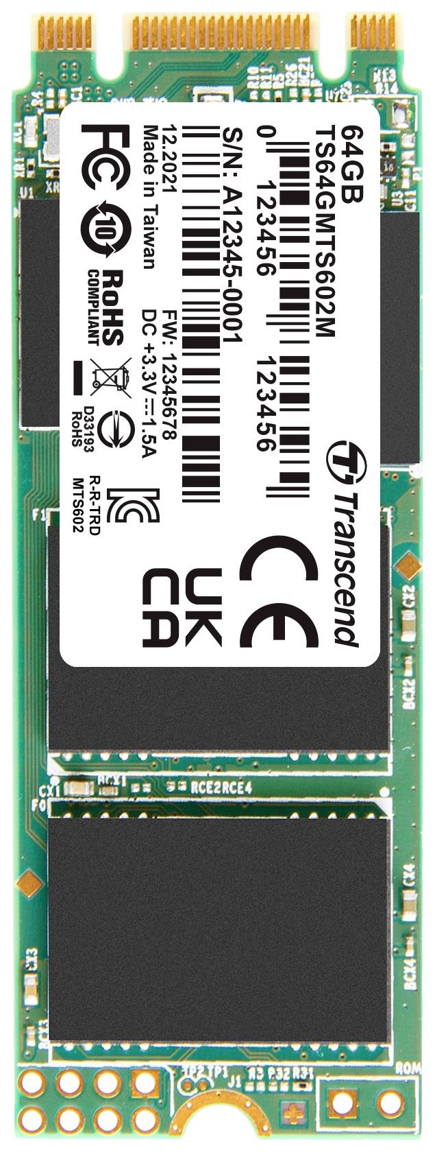 SSD memory card, 64 GB, manufactured by Transcend. Shows technical prints such as serial number and memory chip placements.
