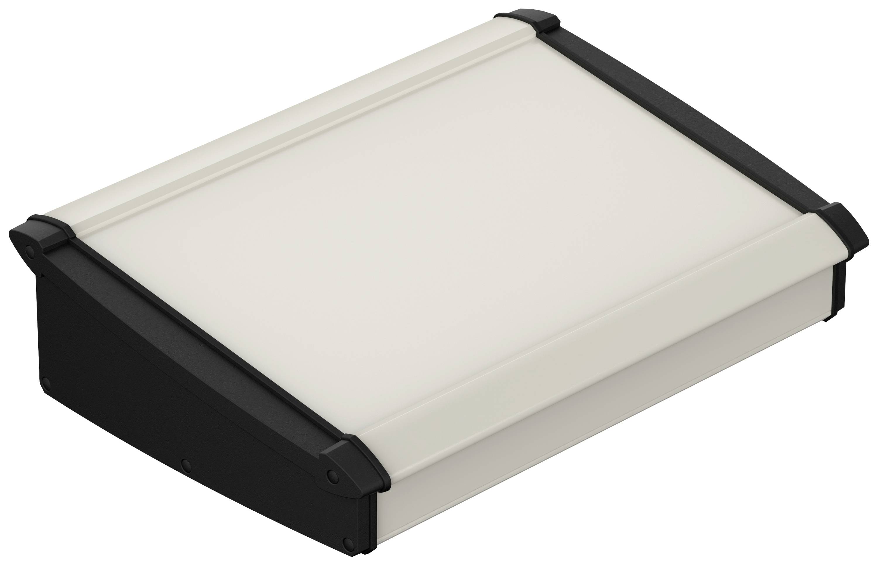 A rectangular enclosure with a white top surface and black edges. Could be used for electronic devices or hardware.