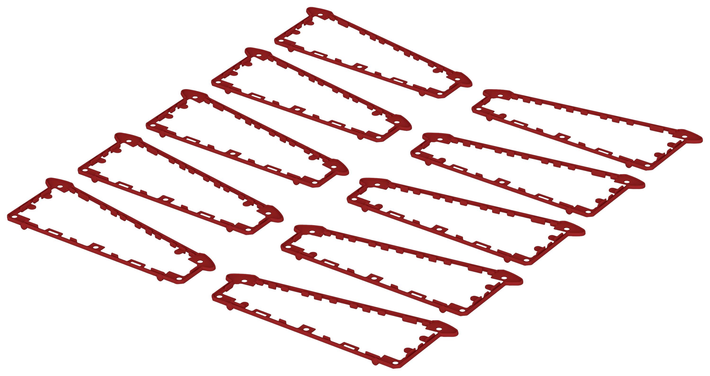 Red, triangular plastic parts arranged in three rows of four pieces each. Components for mechanical or DIY applications.