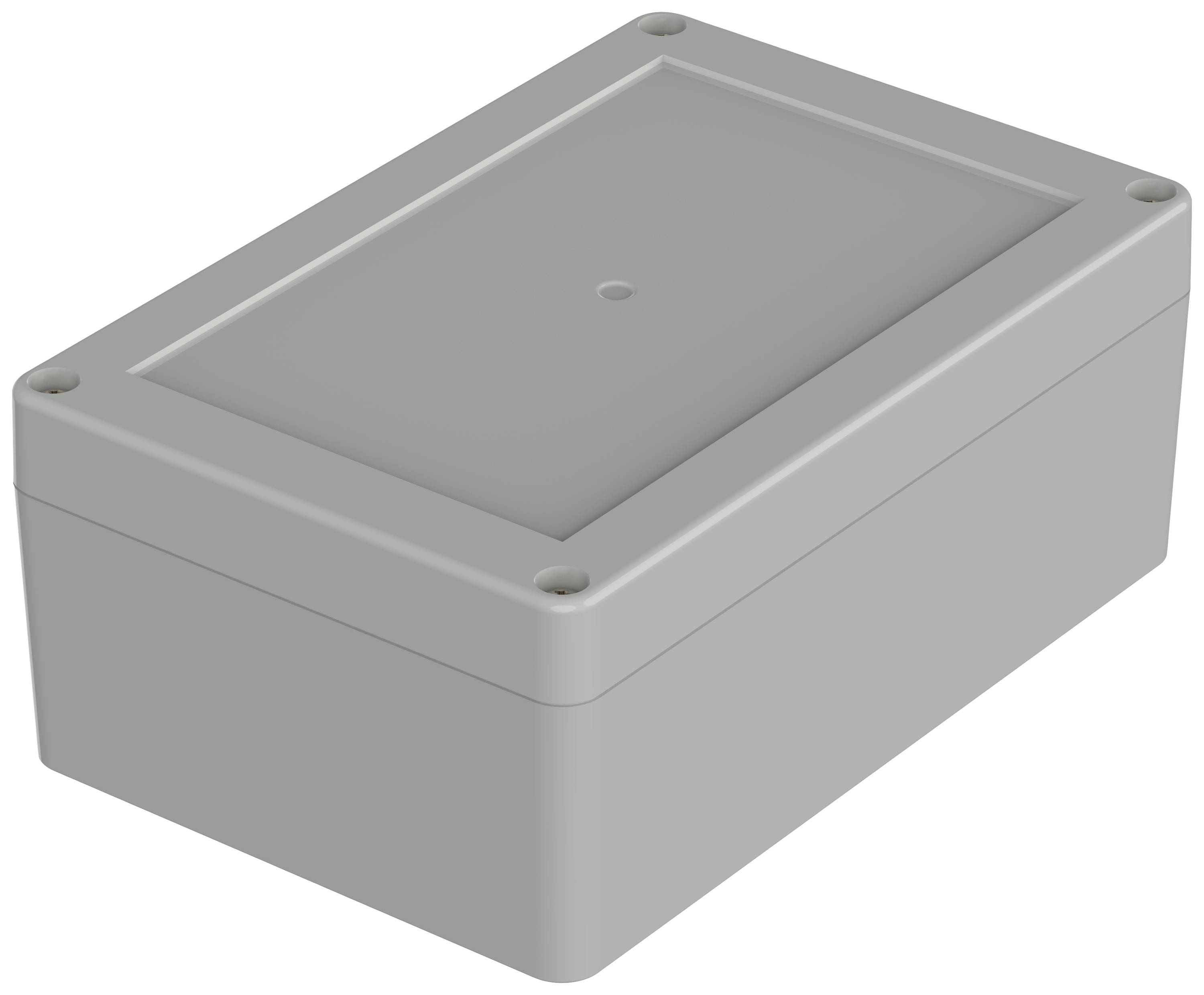 Rectangular grey plastic enclosure with screw fastenings at the corners, suitable for protecting electronic components.